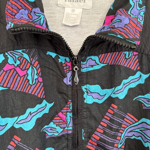 Vintage‎ Rafael Windbreaker Jacket Black Multi Abstract Print Rave Y2K Sz Medium - Picture 6 of 12